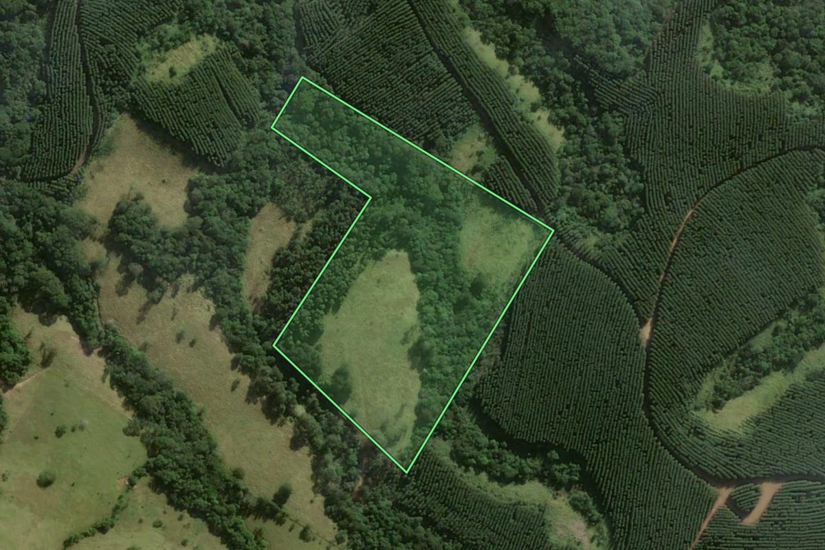 Imagem de satélite do imóvel rural em Ortigueira (PR), com o contorno declarado no CAR desenhado por cima.