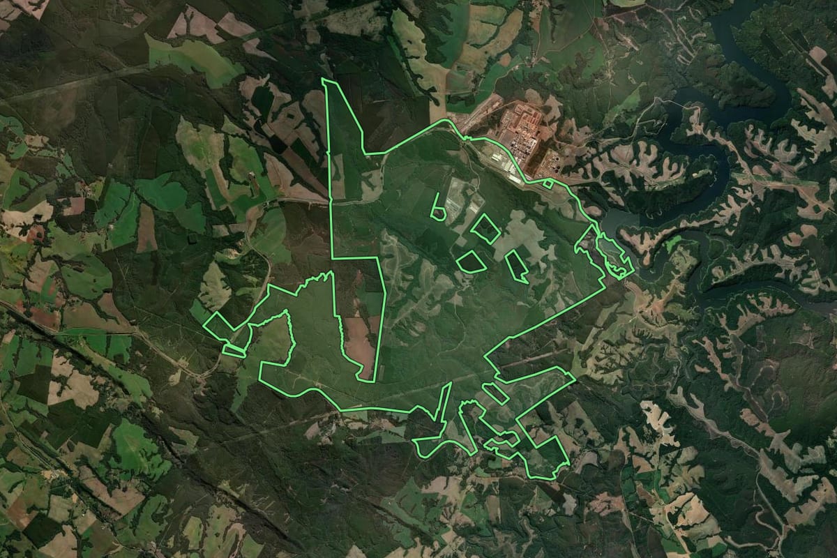 Imagem de satélite do imóvel rural em Ortigueira (PR), com o contorno declarado no CAR desenhado por cima.