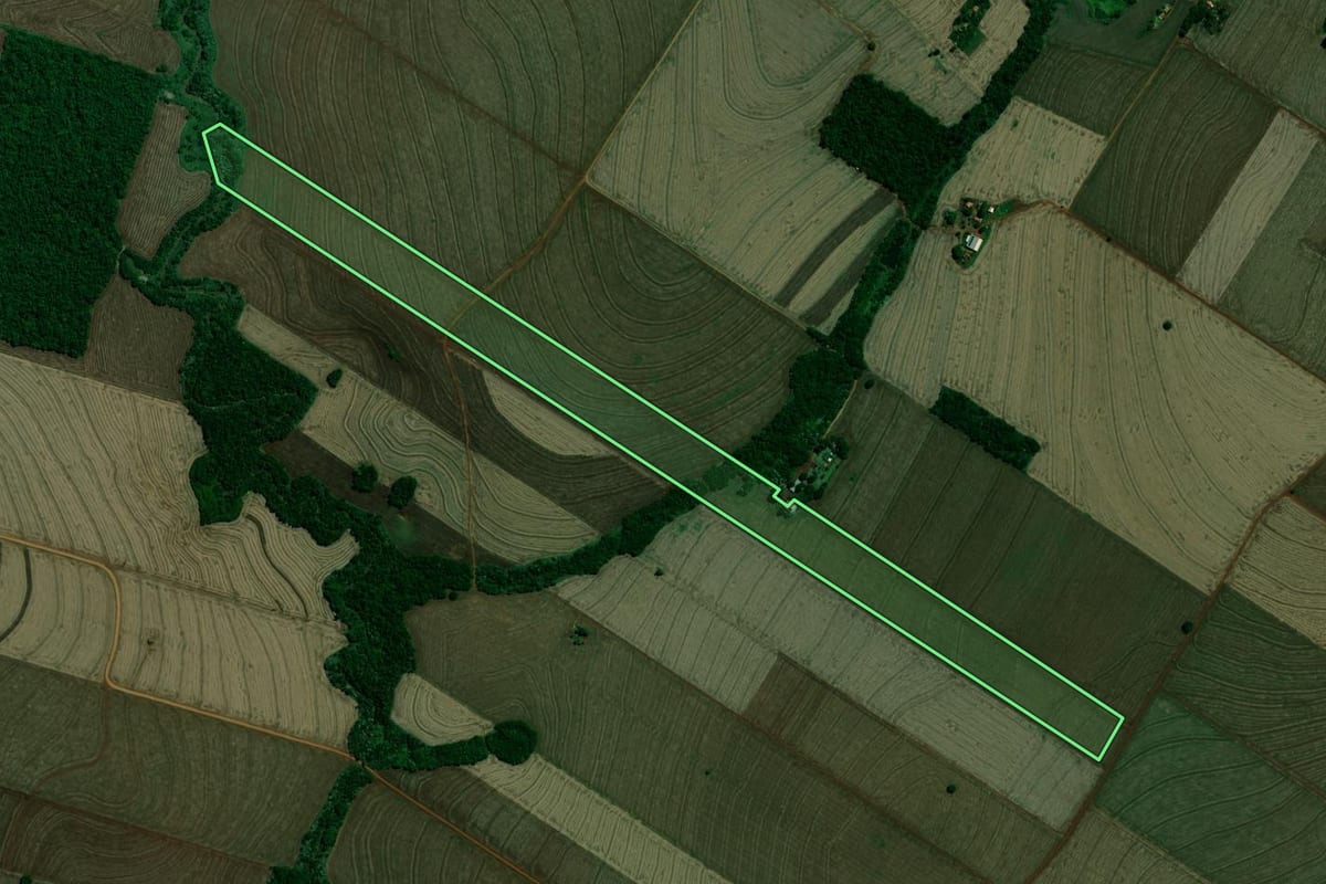 Imagem de satélite do imóvel rural em Ourizona (PR), com o contorno declarado no CAR desenhado por cima.