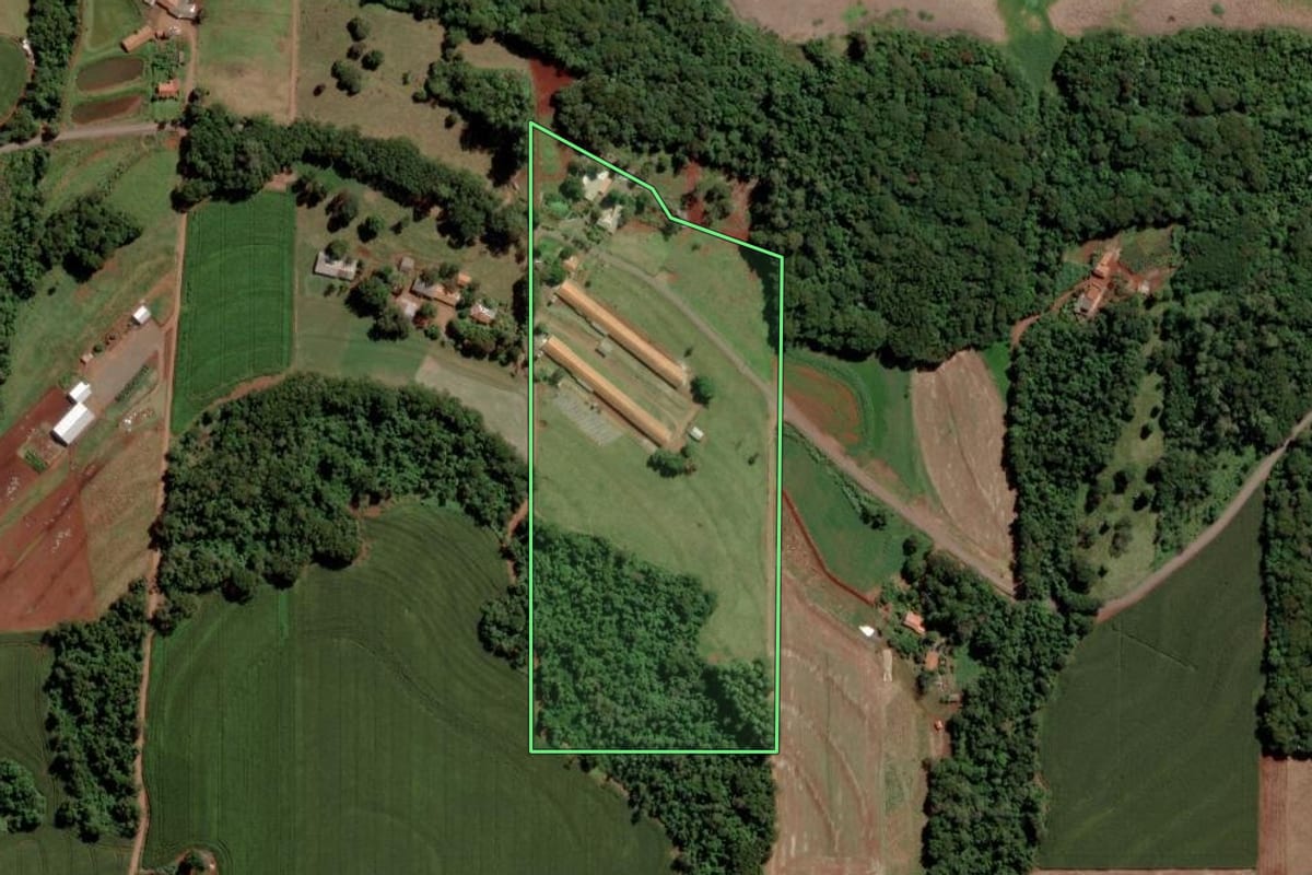 Imagem de satélite do imóvel rural em Ouro Verde do Oeste (PR), com o contorno declarado no CAR desenhado por cima.
