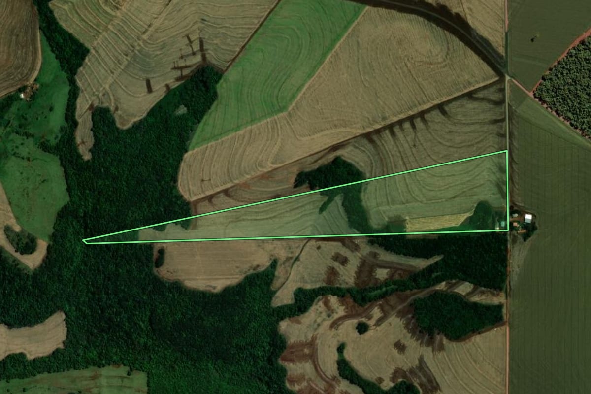 Imagem de satélite do imóvel rural em Ouro Verde do Oeste (PR), com o contorno declarado no CAR desenhado por cima.