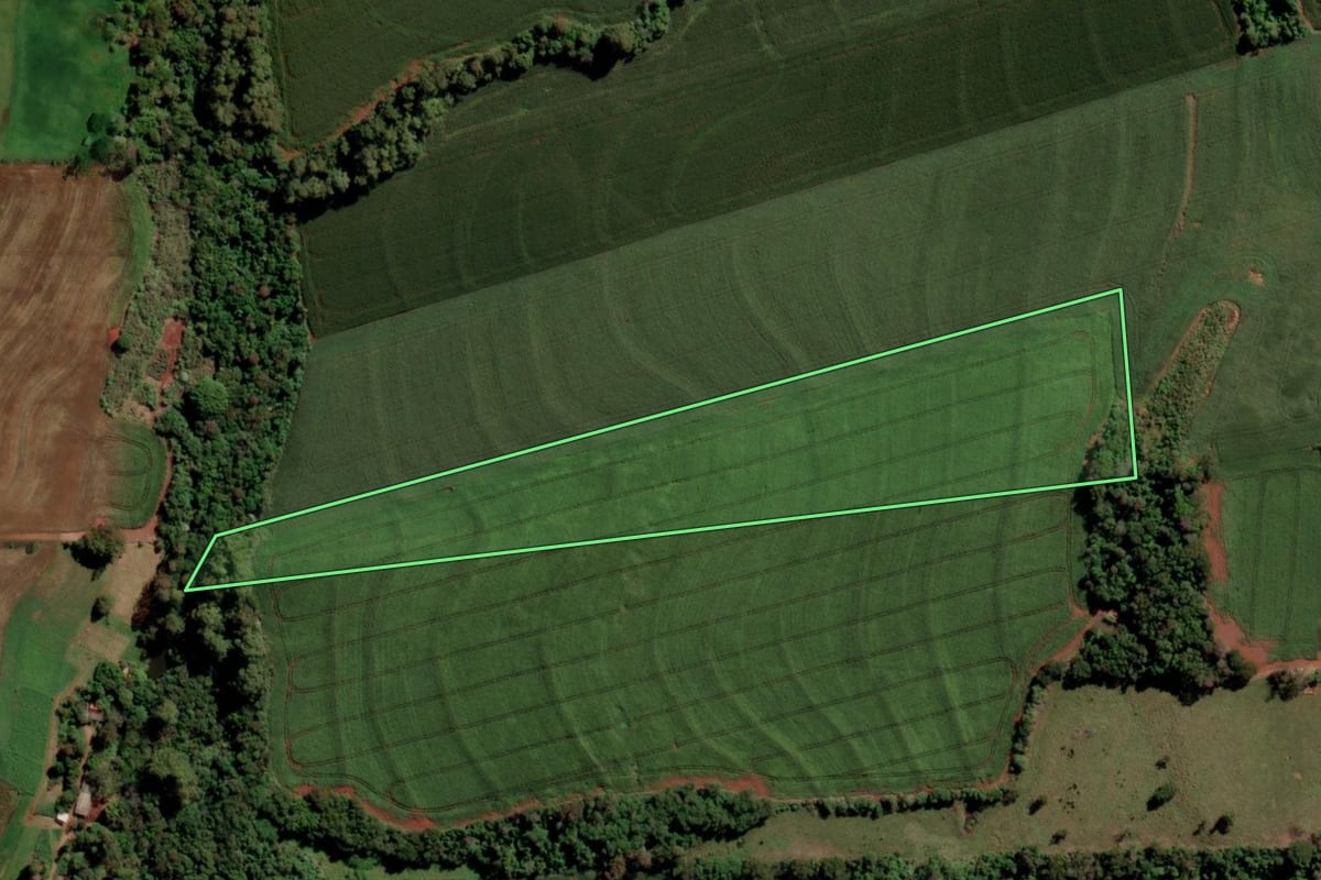 Imagem de satélite do imóvel rural em Ouro Verde do Oeste (PR), com o contorno declarado no CAR desenhado por cima.