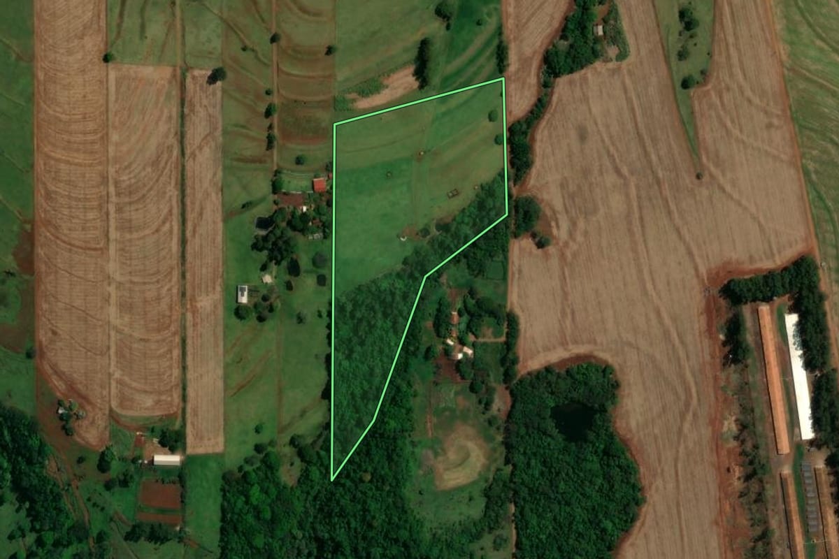 Imagem de satélite do imóvel rural em Ouro Verde do Oeste (PR), com o contorno declarado no CAR desenhado por cima.