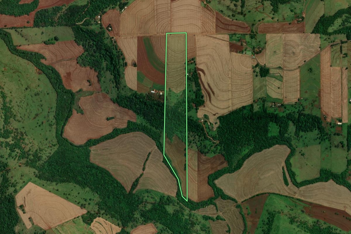 Imagem de satélite do imóvel rural em Ouro Verde do Oeste (PR), com o contorno declarado no CAR desenhado por cima.