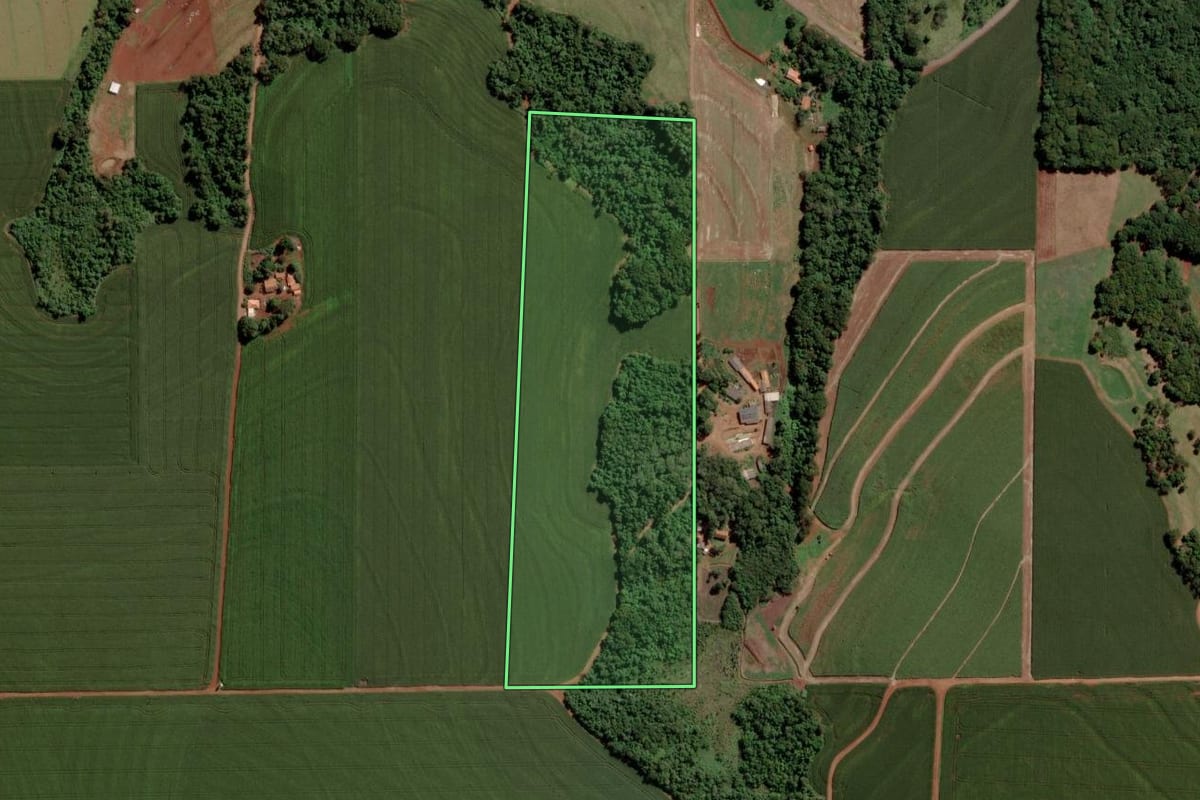 Imagem de satélite do imóvel rural em Ouro Verde do Oeste (PR), com o contorno declarado no CAR desenhado por cima.
