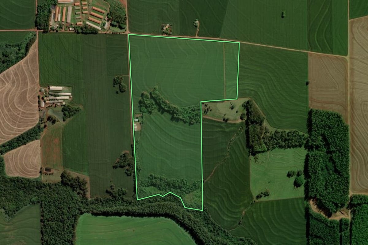 Imagem de satélite do imóvel rural em Ouro Verde do Oeste (PR), com o contorno declarado no CAR desenhado por cima.