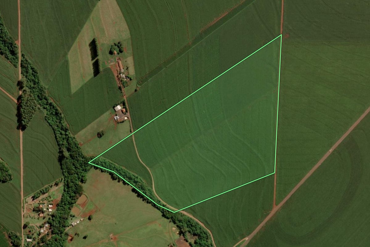 Imagem de satélite do imóvel rural em Ouro Verde do Oeste (PR), com o contorno declarado no CAR desenhado por cima.