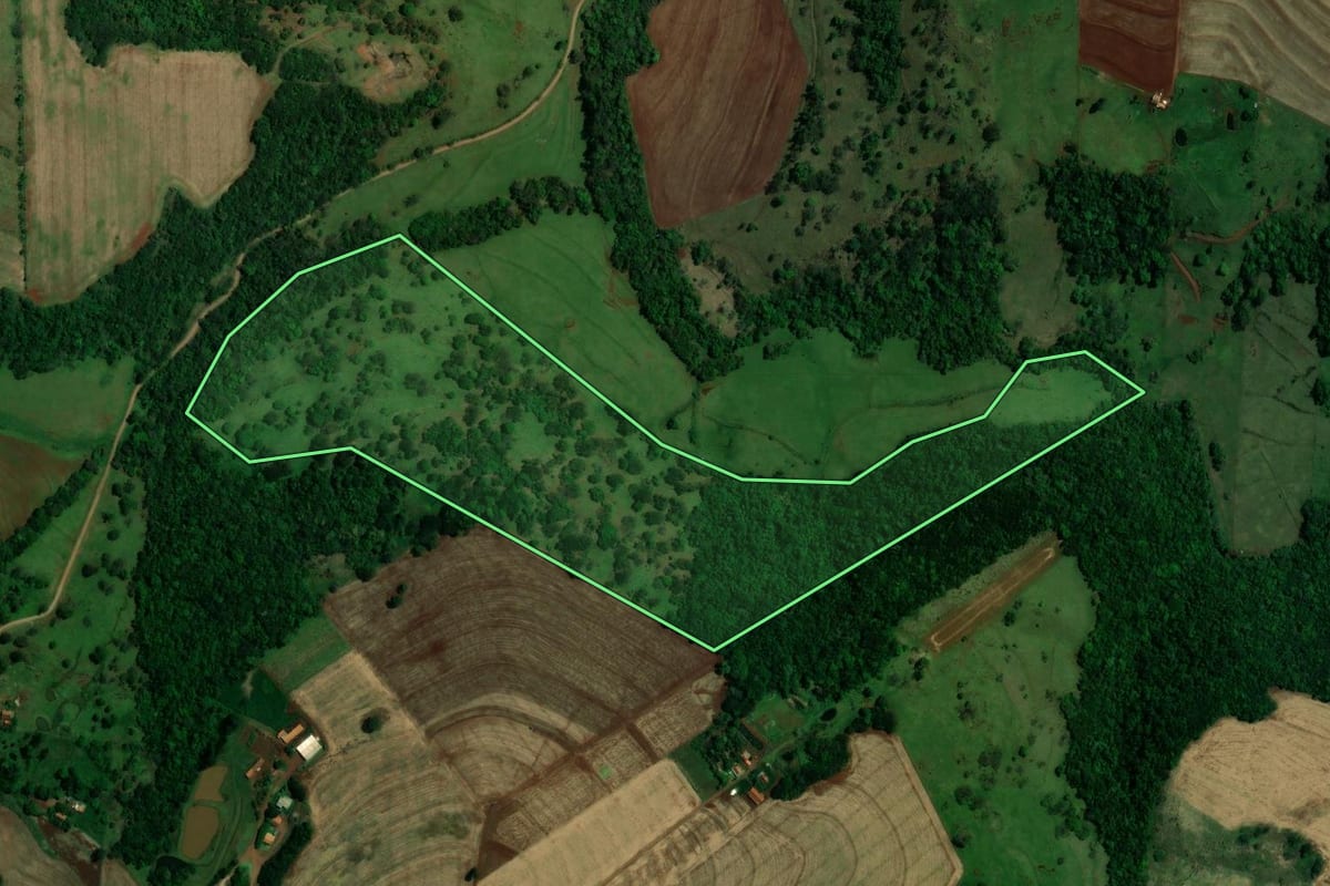 Imagem de satélite do imóvel rural em Ouro Verde do Oeste (PR), com o contorno declarado no CAR desenhado por cima.