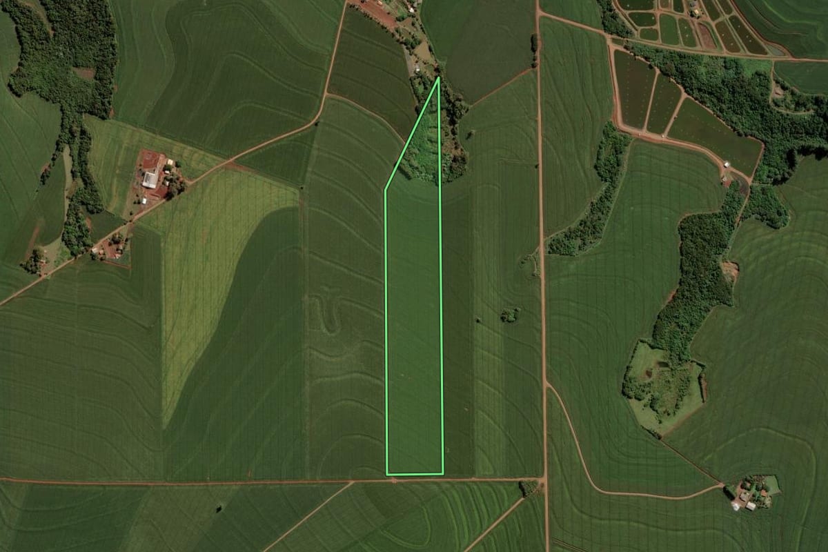 Imagem de satélite do imóvel rural em Ouro Verde do Oeste (PR), com o contorno declarado no CAR desenhado por cima.