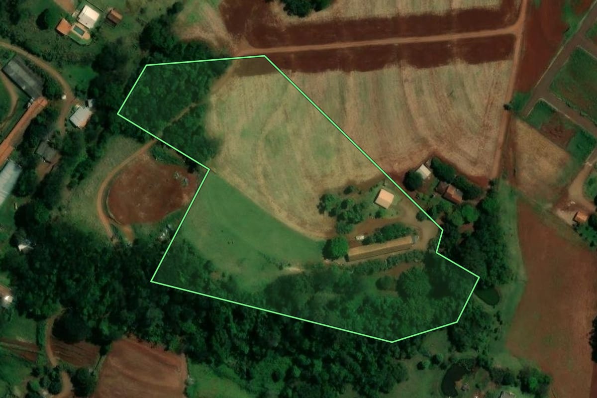 Imagem de satélite do imóvel rural em Ouro Verde do Oeste (PR), com o contorno declarado no CAR desenhado por cima.