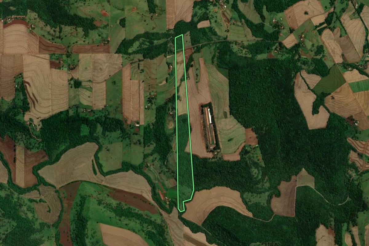 Imagem de satélite do imóvel rural em Ouro Verde do Oeste (PR), com o contorno declarado no CAR desenhado por cima.