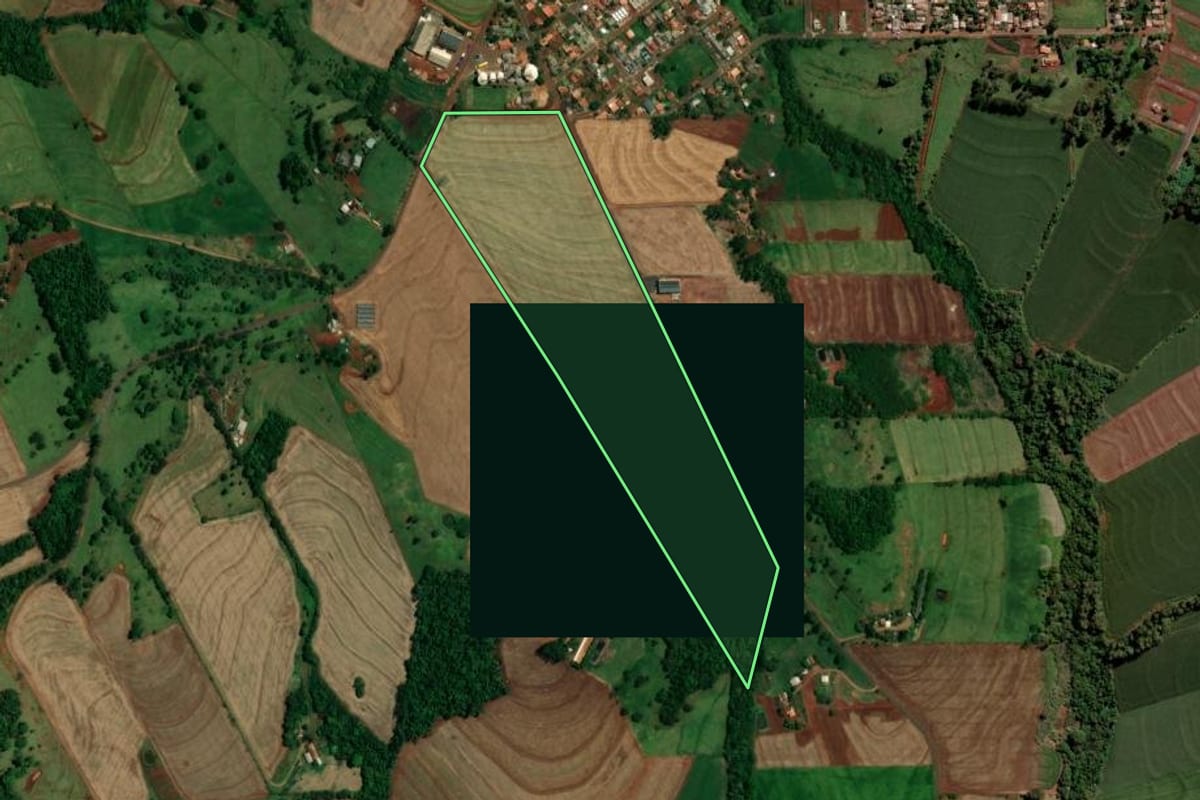 Imagem de satélite do imóvel rural em Ouro Verde do Oeste (PR), com o contorno declarado no CAR desenhado por cima.