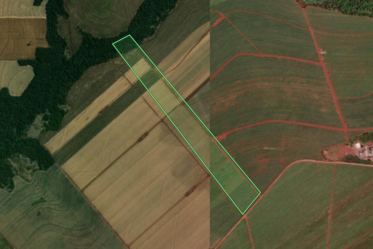 Imagem de satélite do imóvel rural em Paiçandu (PR), com o contorno declarado no CAR desenhado por cima.
