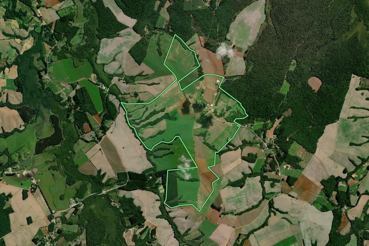 Imagem de satélite do imóvel rural em Palmeira (PR), com o contorno declarado no CAR desenhado por cima.