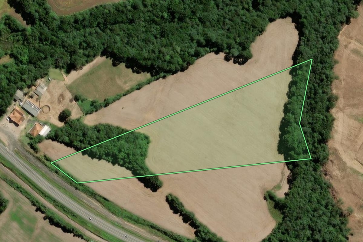 Imagem de satélite do imóvel rural em Palmeira (PR), com o contorno declarado no CAR desenhado por cima.