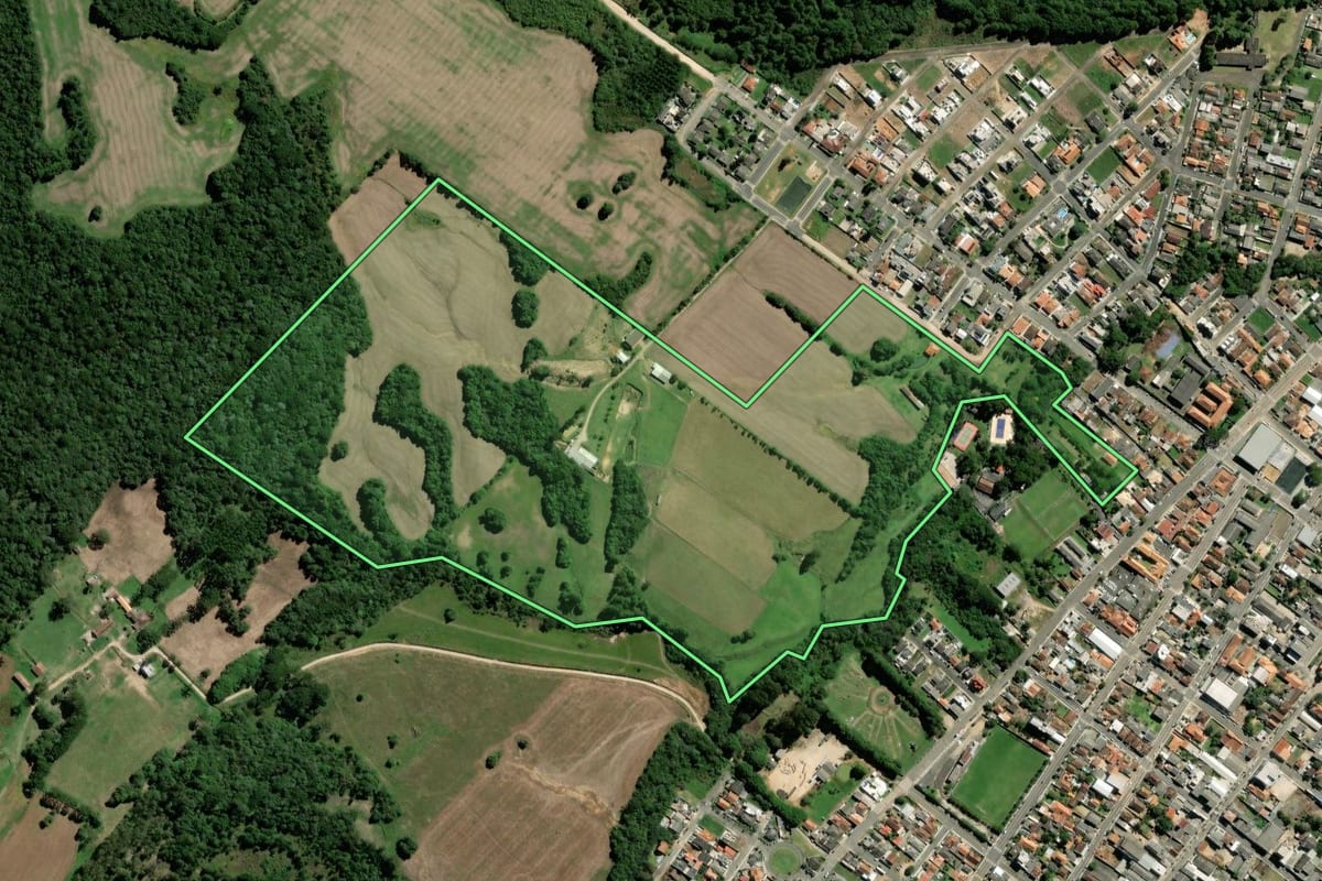 Imagem de satélite do imóvel rural em Palmeira (PR), com o contorno declarado no CAR desenhado por cima.