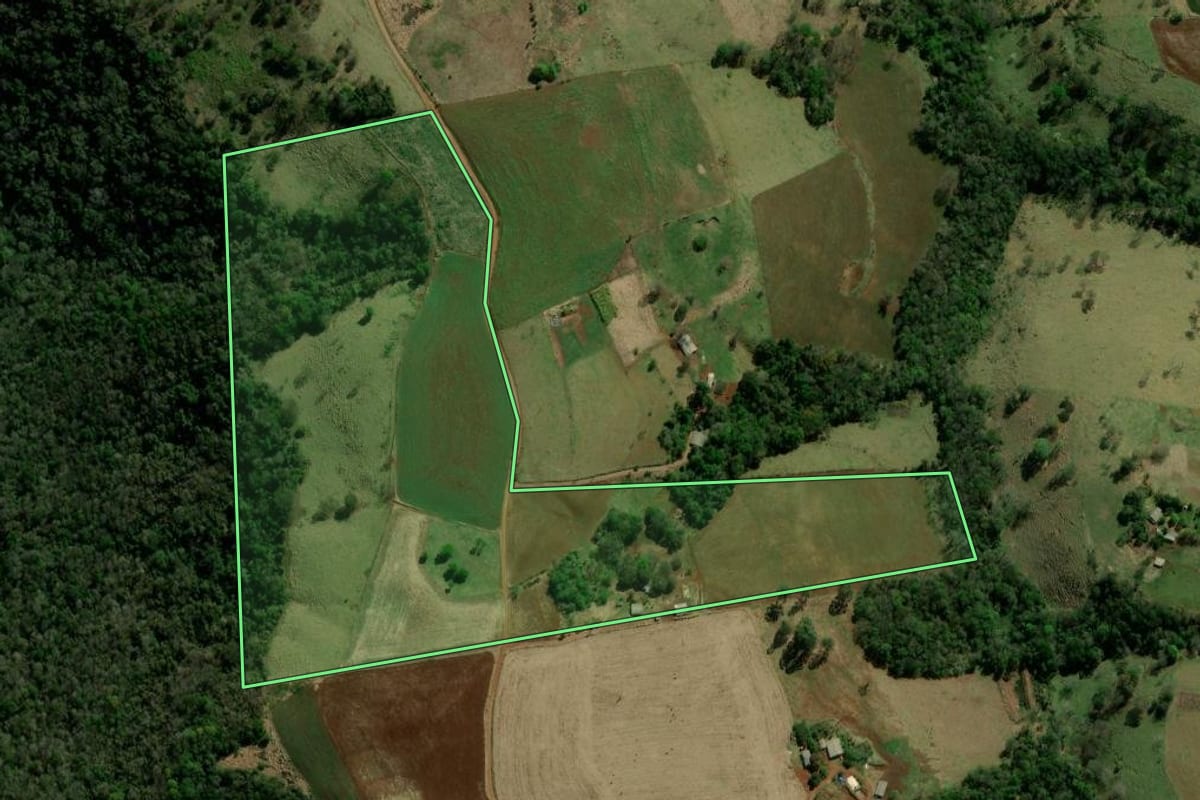 Imagem de satélite do imóvel rural em Palmital (PR), com o contorno declarado no CAR desenhado por cima.