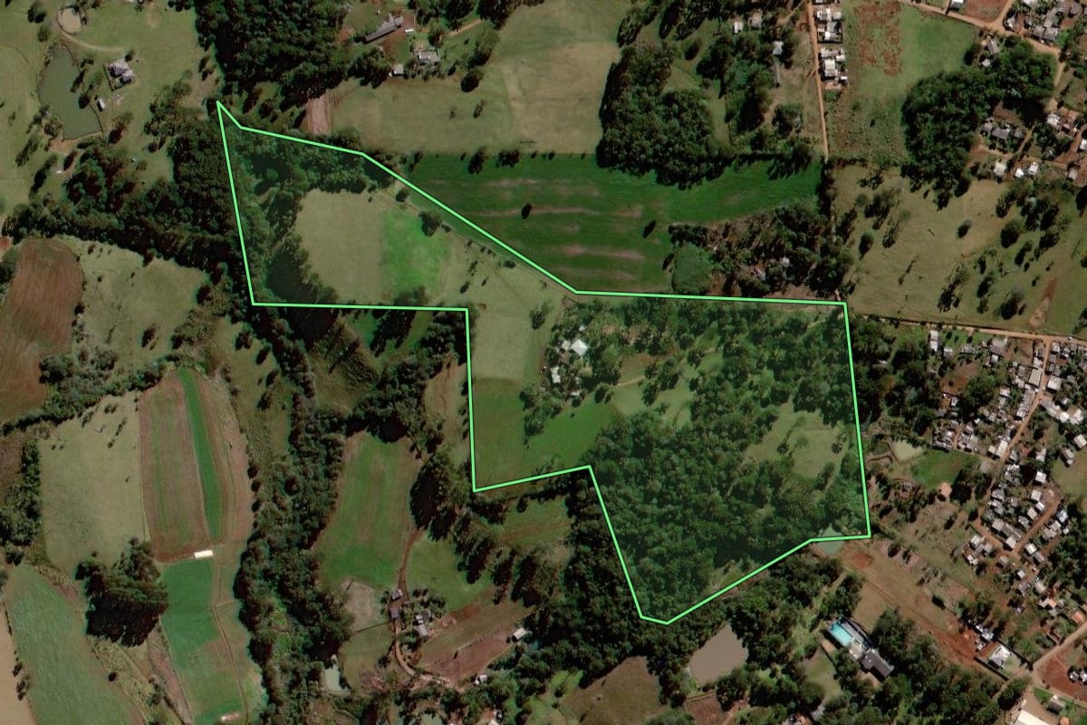 Imagem de satélite do imóvel rural em Palmital (PR), com o contorno declarado no CAR desenhado por cima.