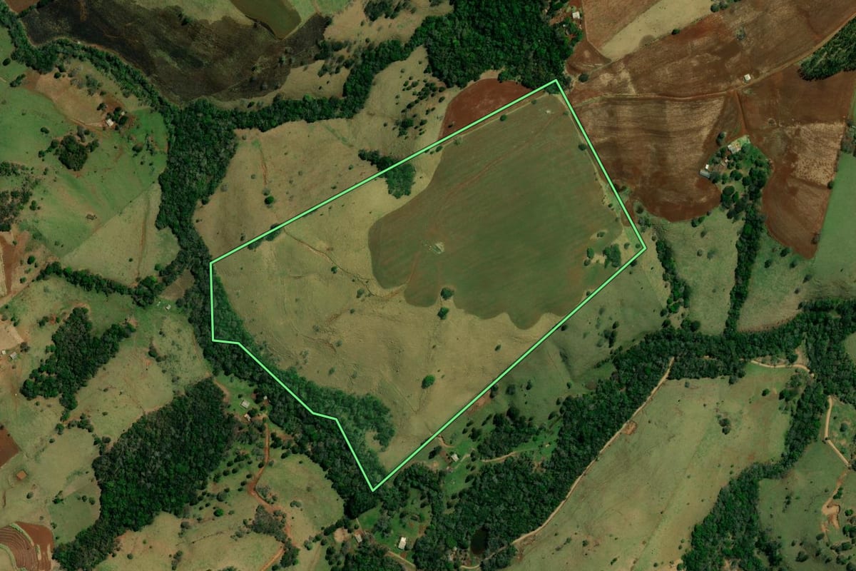 Imagem de satélite do imóvel rural em Palmital (PR), com o contorno declarado no CAR desenhado por cima.