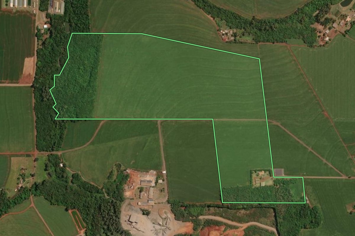 Imagem de satélite do imóvel rural em Palotina (PR), com o contorno declarado no CAR desenhado por cima.