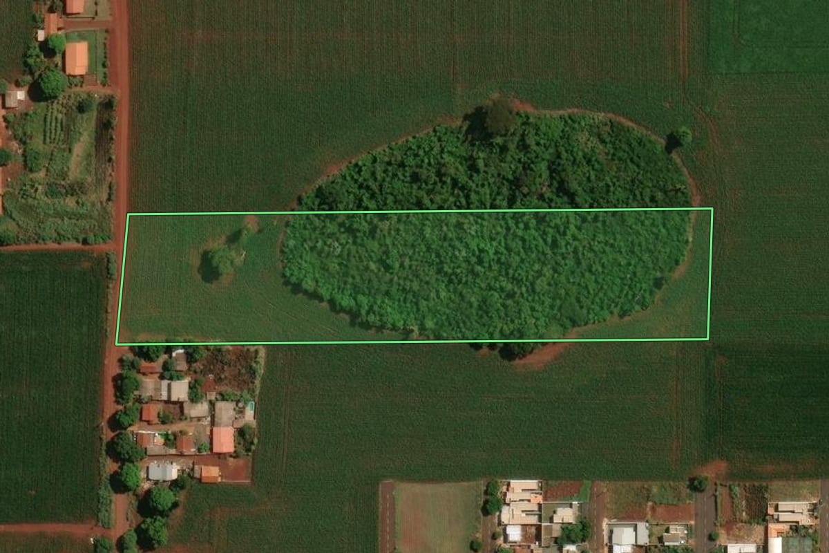 Imagem de satélite do imóvel rural em Palotina (PR), com o contorno declarado no CAR desenhado por cima.