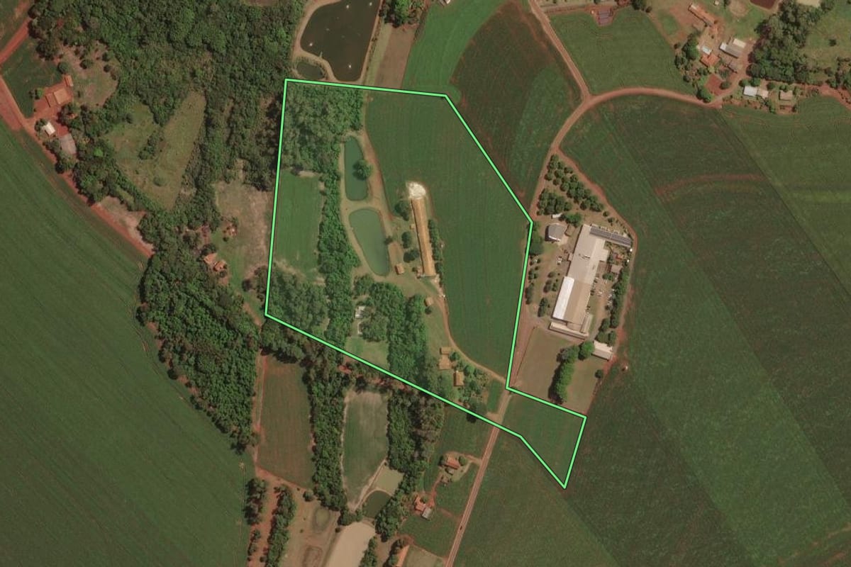Imagem de satélite do imóvel rural em Palotina (PR), com o contorno declarado no CAR desenhado por cima.