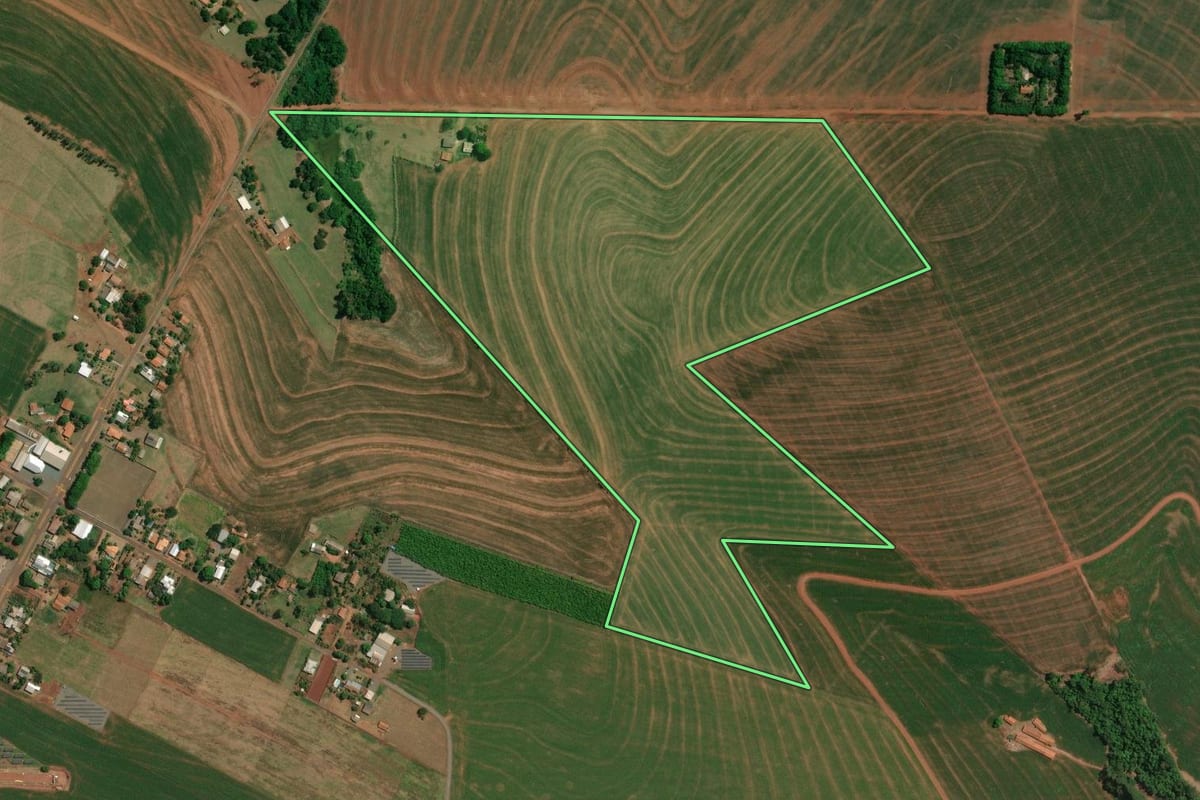 Imagem de satélite do imóvel rural em Palotina (PR), com o contorno declarado no CAR desenhado por cima.