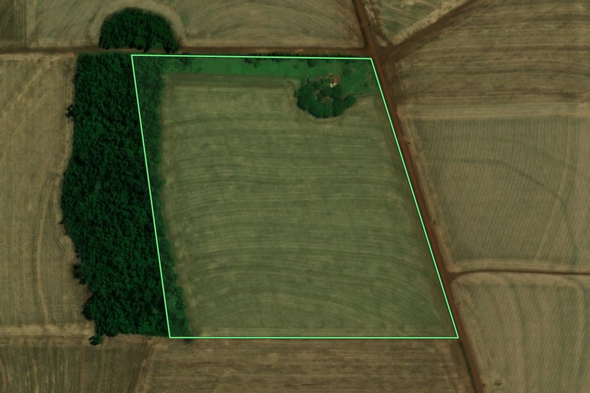 Imagem de satélite do imóvel rural em Palotina (PR), com o contorno declarado no CAR desenhado por cima.
