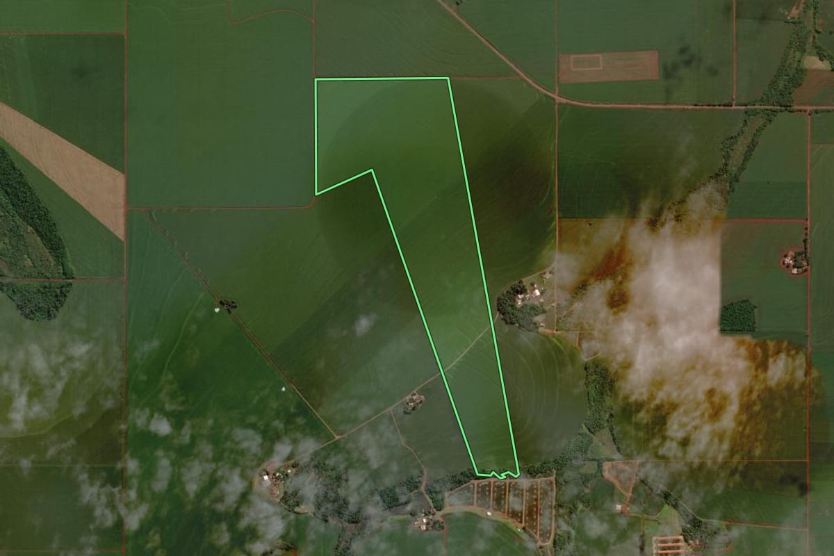Imagem de satélite do imóvel rural em Palotina (PR), com o contorno declarado no CAR desenhado por cima.