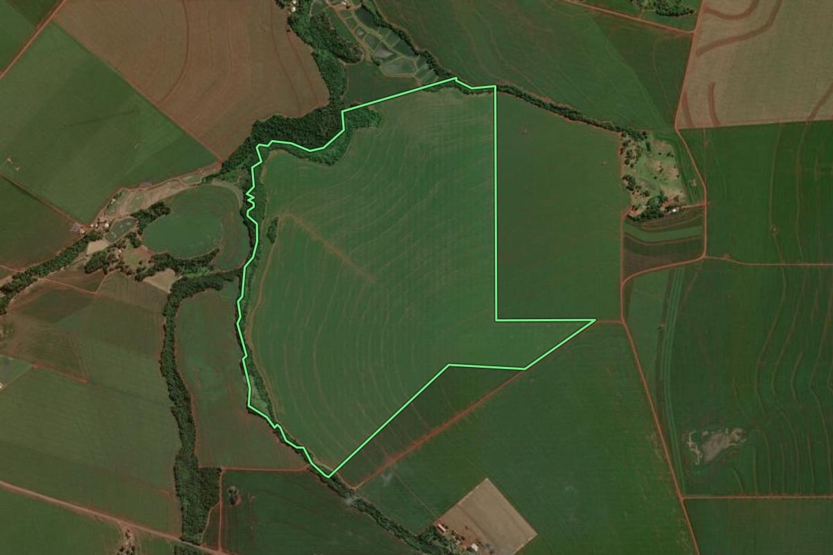 Imagem de satélite do imóvel rural em Palotina (PR), com o contorno declarado no CAR desenhado por cima.