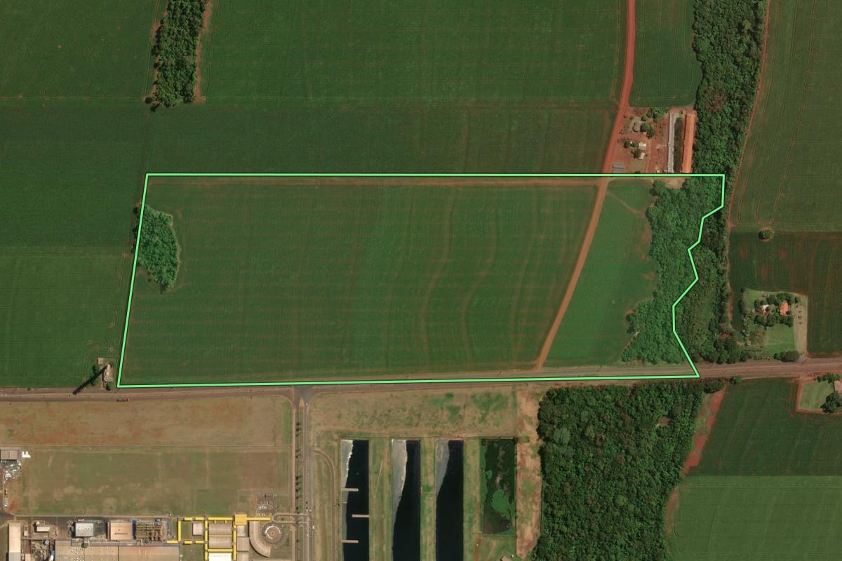 Imagem de satélite do imóvel rural em Palotina (PR), com o contorno declarado no CAR desenhado por cima.