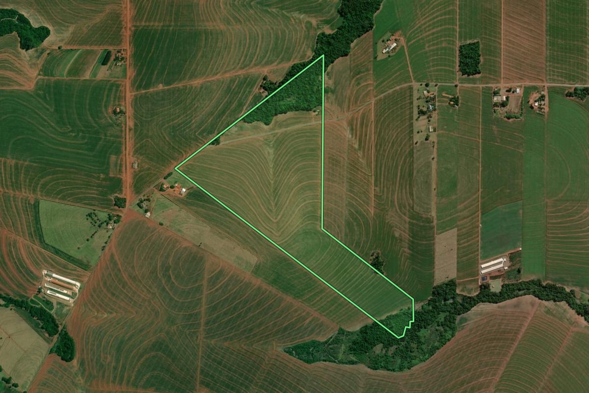 Imagem de satélite do imóvel rural em Palotina (PR), com o contorno declarado no CAR desenhado por cima.