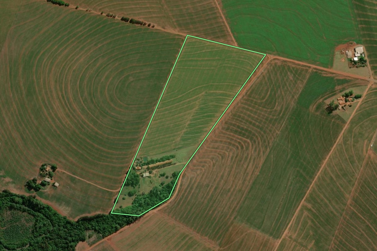 Imagem de satélite do imóvel rural em Palotina (PR), com o contorno declarado no CAR desenhado por cima.