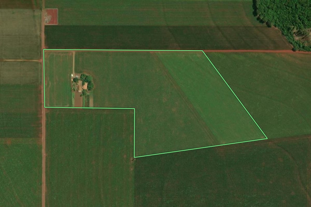 Imagem de satélite do imóvel rural em Palotina (PR), com o contorno declarado no CAR desenhado por cima.