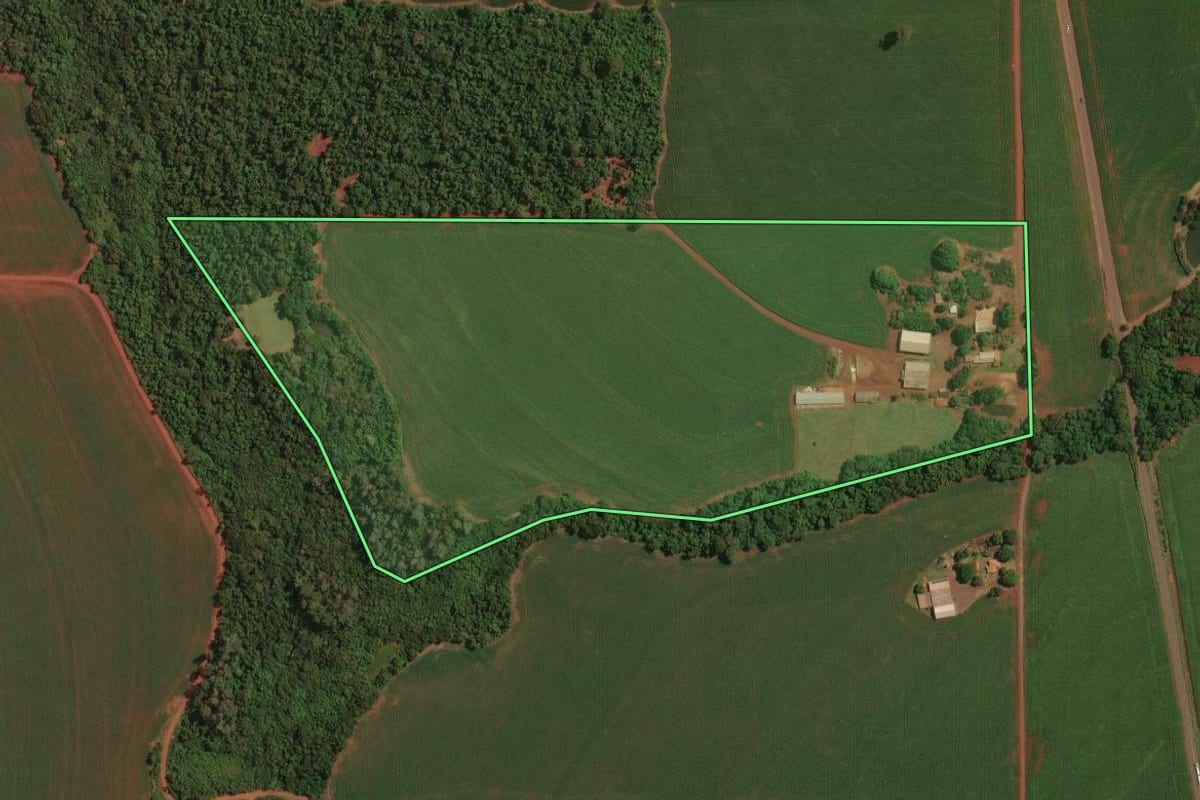 Imagem de satélite do imóvel rural em Palotina (PR), com o contorno declarado no CAR desenhado por cima.