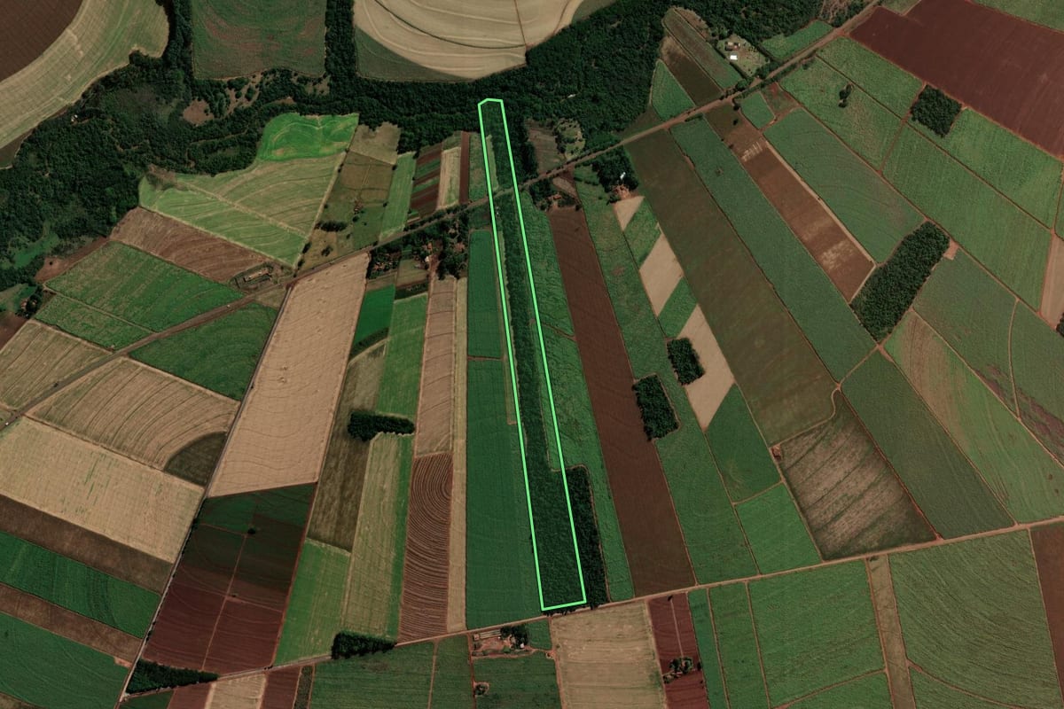 Imagem de satélite do imóvel rural em Paraíso do Norte (PR), com o contorno declarado no CAR desenhado por cima.