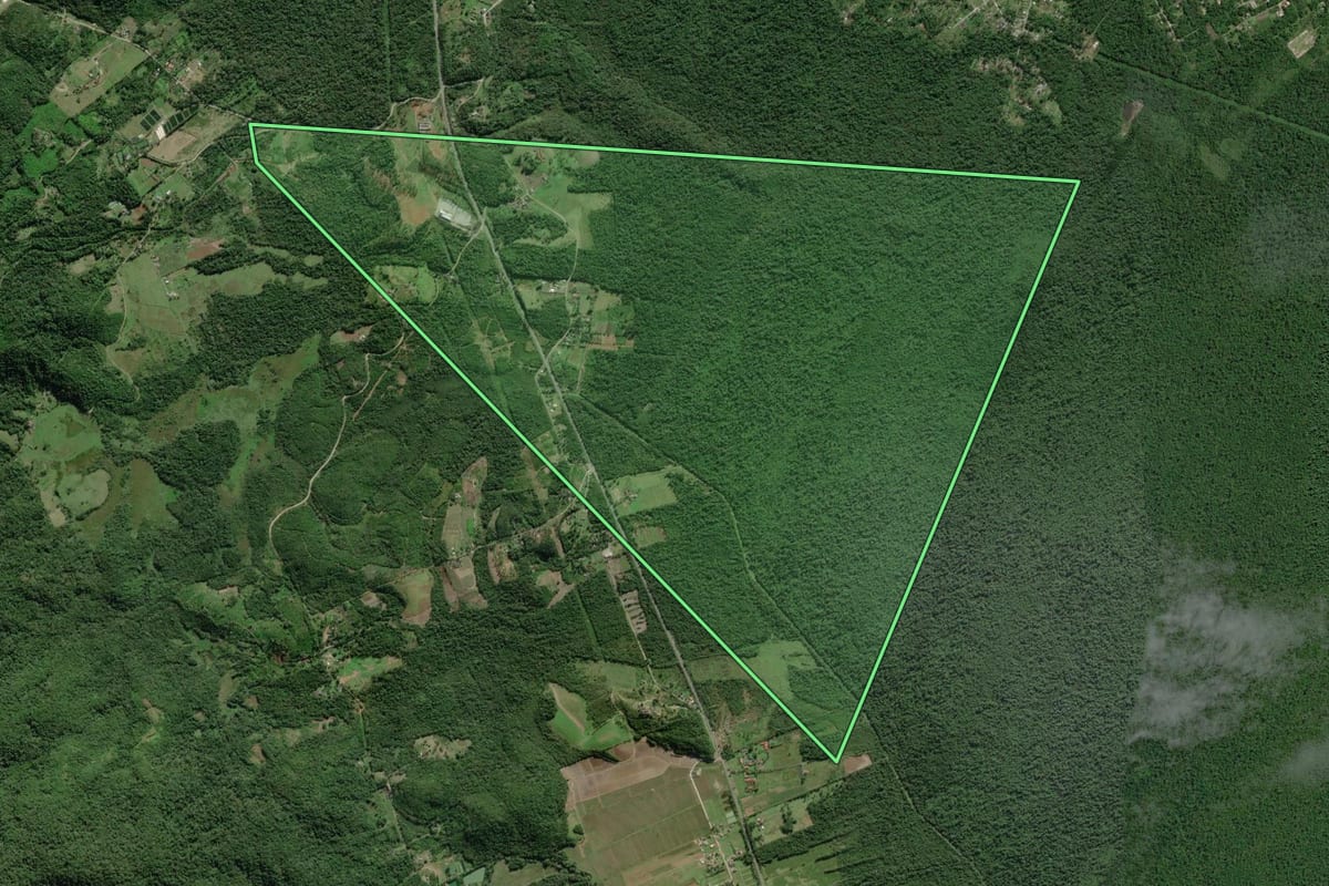 Imagem de satélite do imóvel rural em Paranaguá (PR), com o contorno declarado no CAR desenhado por cima.