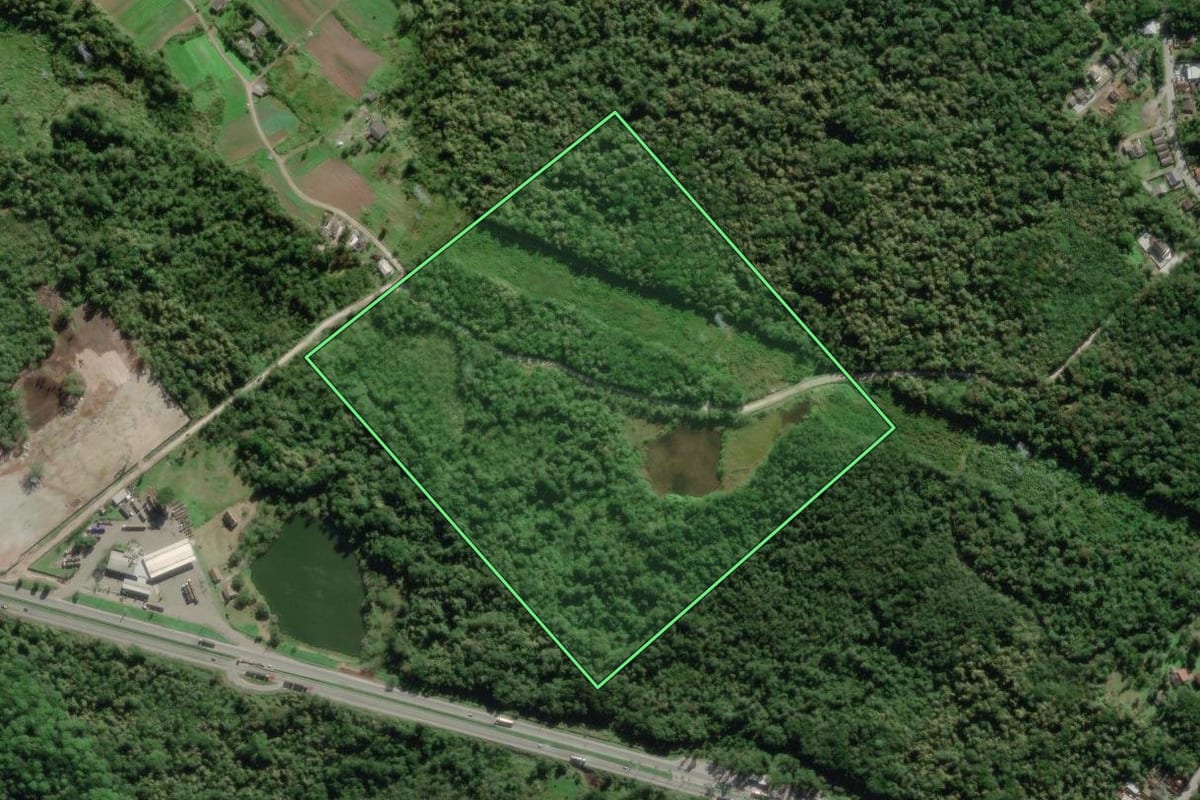 Imagem de satélite do imóvel rural em Paranaguá (PR), com o contorno declarado no CAR desenhado por cima.