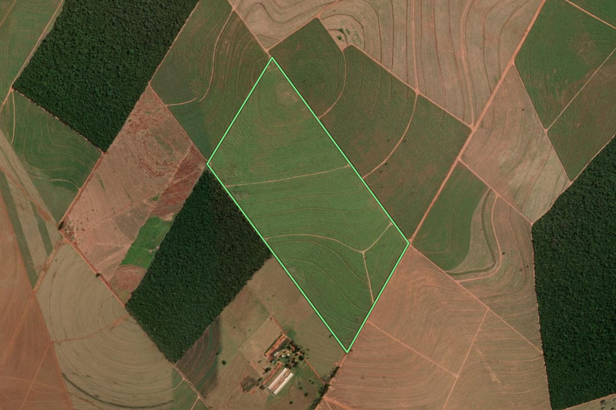 Imagem de satélite do imóvel rural em Paranavaí (PR), com o contorno declarado no CAR desenhado por cima.