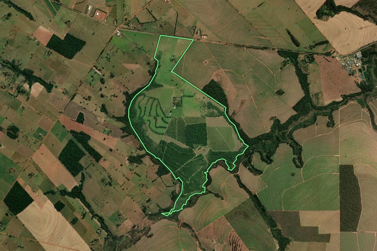 Imagem de satélite do imóvel rural em Paranavaí (PR), com o contorno declarado no CAR desenhado por cima.