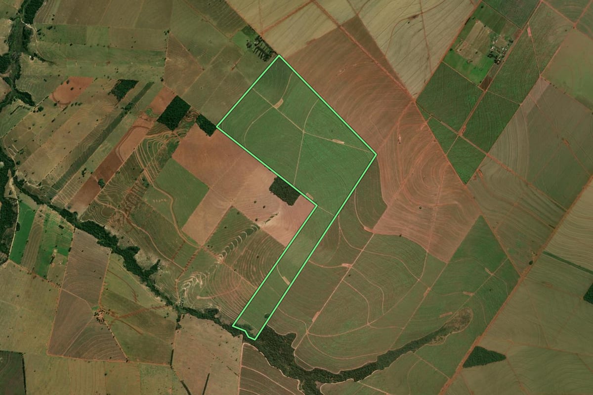 Imagem de satélite do imóvel rural em Paranavaí (PR), com o contorno declarado no CAR desenhado por cima.