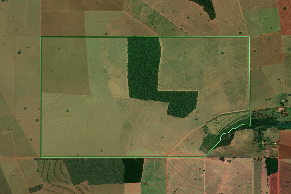 Imagem de satélite do imóvel rural em Paranavaí (PR), com o contorno declarado no CAR desenhado por cima.