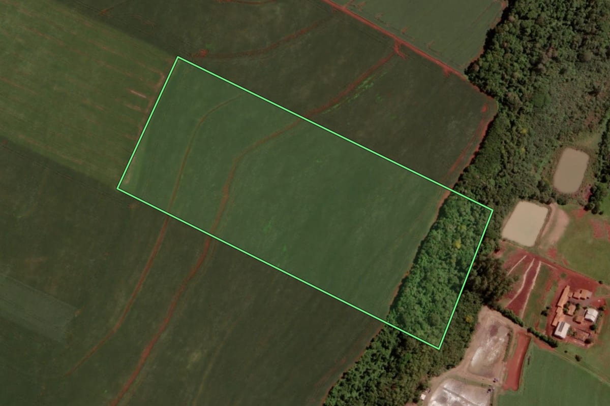 Imagem de satélite do imóvel rural em Pato Bragado (PR), com o contorno declarado no CAR desenhado por cima.
