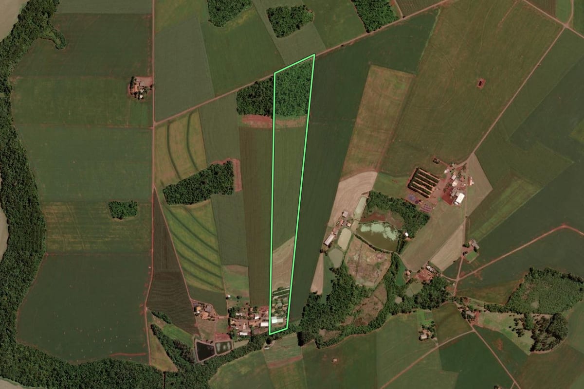 Imagem de satélite do imóvel rural em Pato Bragado (PR), com o contorno declarado no CAR desenhado por cima.