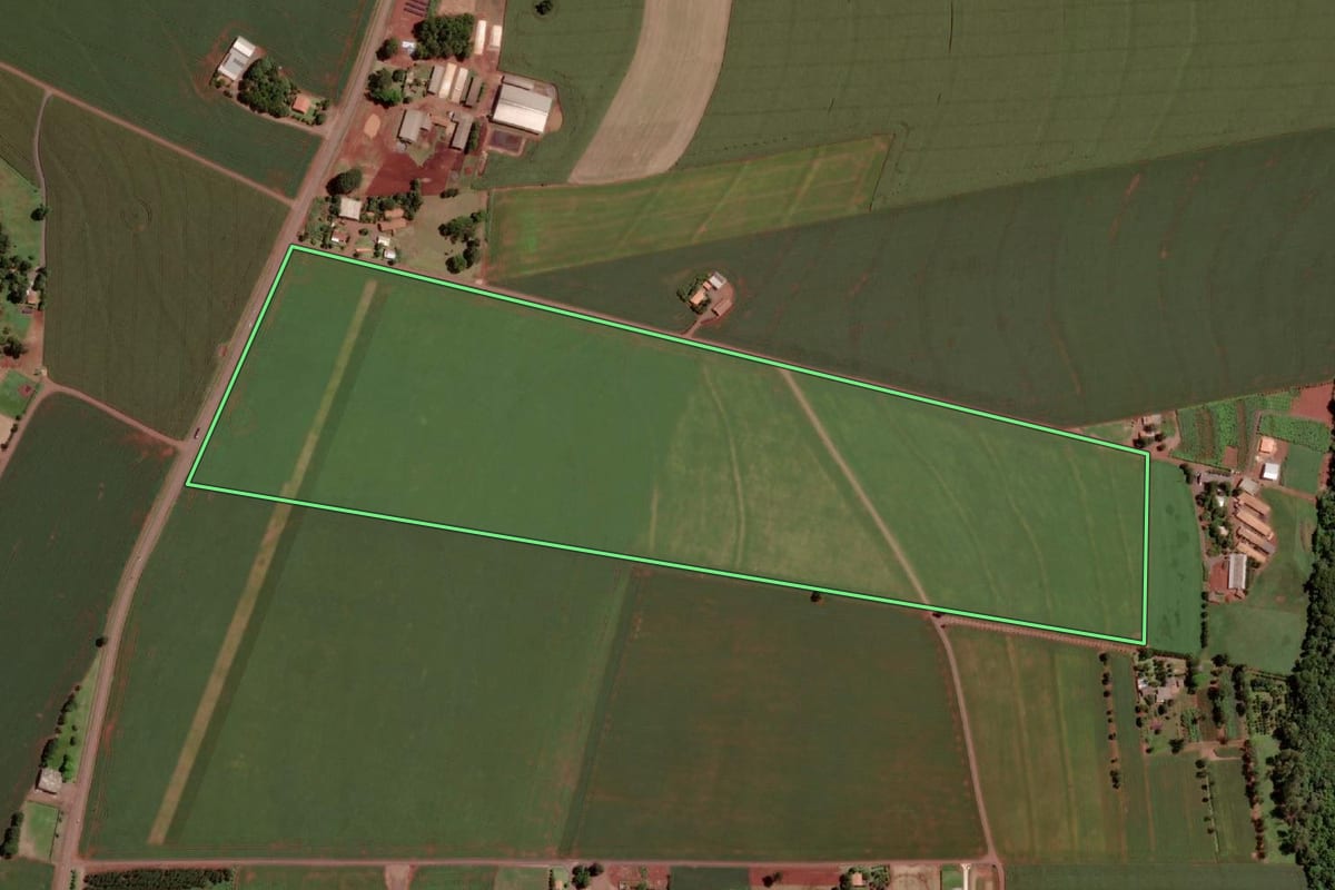 Imagem de satélite do imóvel rural em Pato Bragado (PR), com o contorno declarado no CAR desenhado por cima.