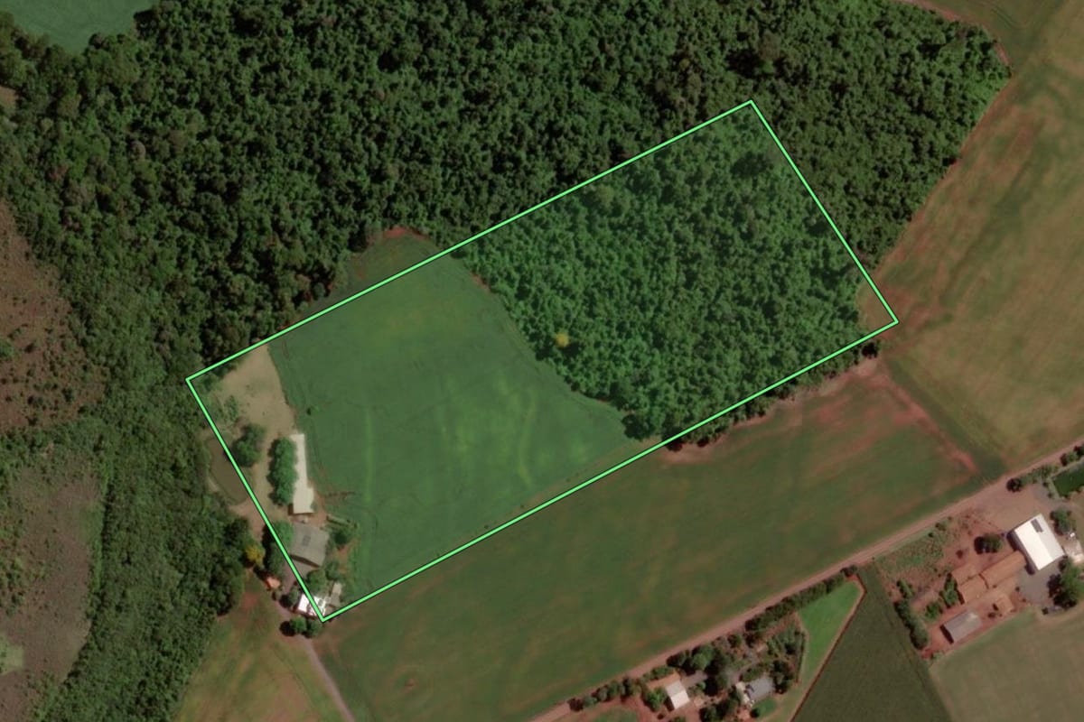 Imagem de satélite do imóvel rural em Pato Bragado (PR), com o contorno declarado no CAR desenhado por cima.