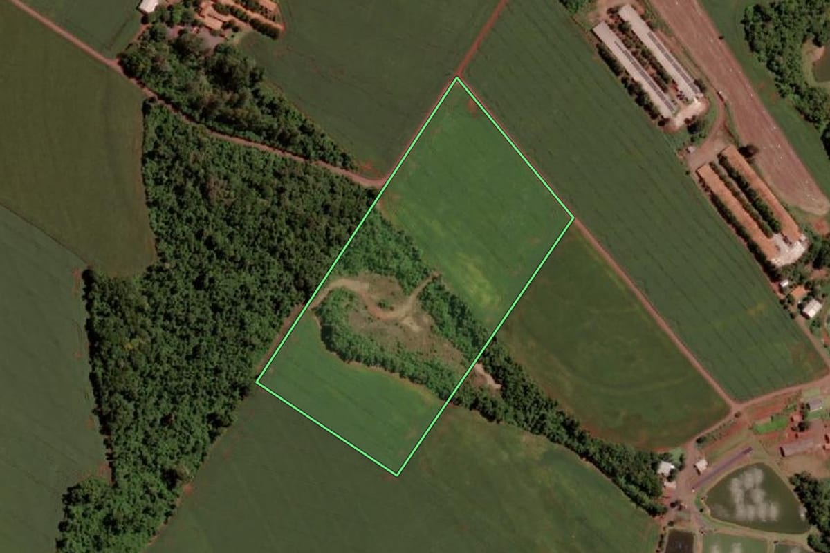 Imagem de satélite do imóvel rural em Pato Bragado (PR), com o contorno declarado no CAR desenhado por cima.