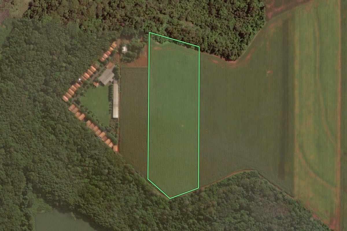 Imagem de satélite do imóvel rural em Pato Bragado (PR), com o contorno declarado no CAR desenhado por cima.