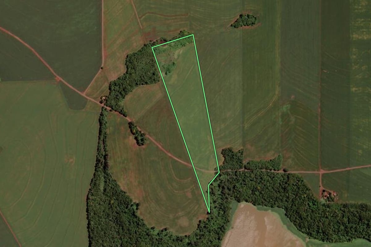 Imagem de satélite do imóvel rural em Pato Bragado (PR), com o contorno declarado no CAR desenhado por cima.