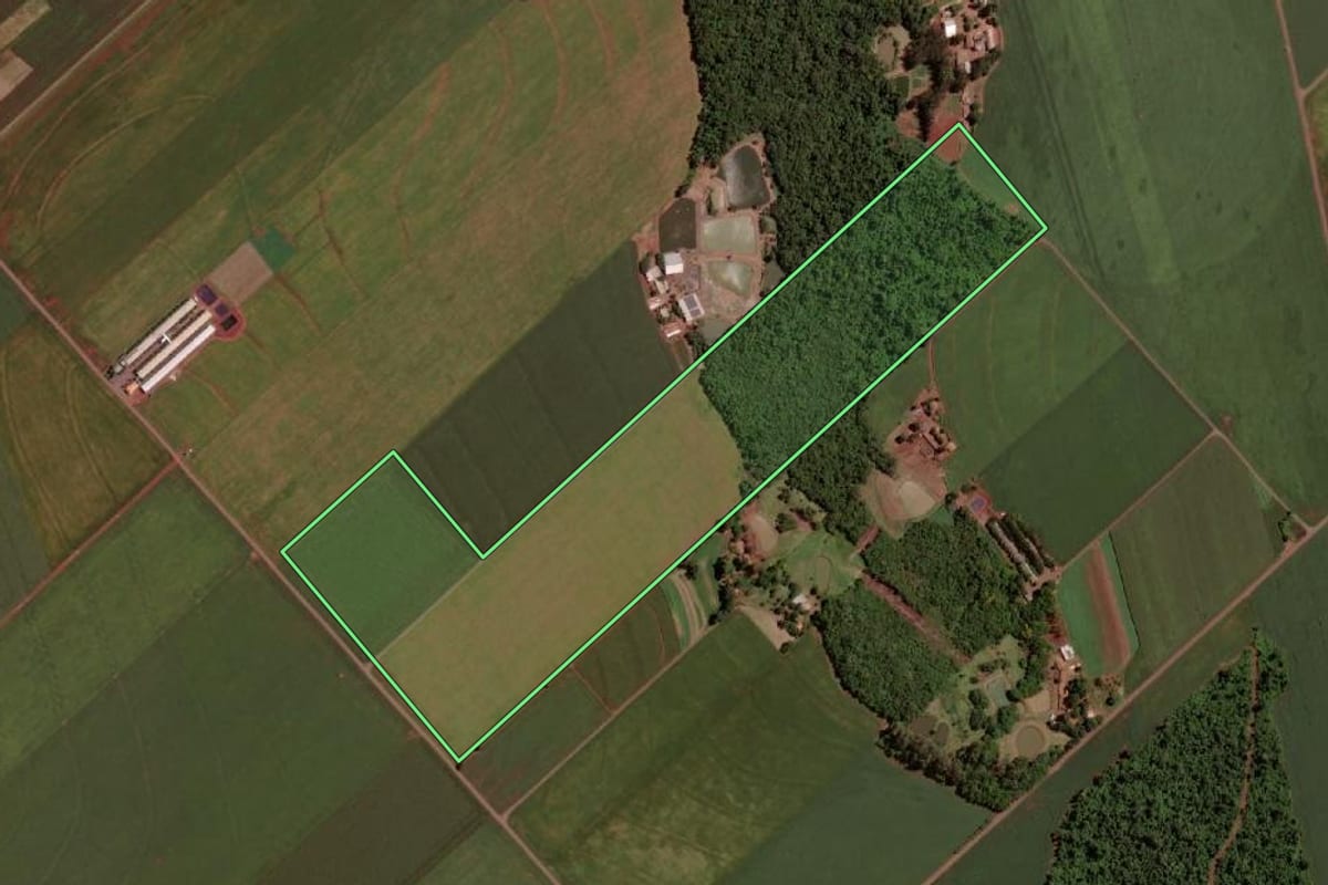Imagem de satélite do imóvel rural em Pato Bragado (PR), com o contorno declarado no CAR desenhado por cima.